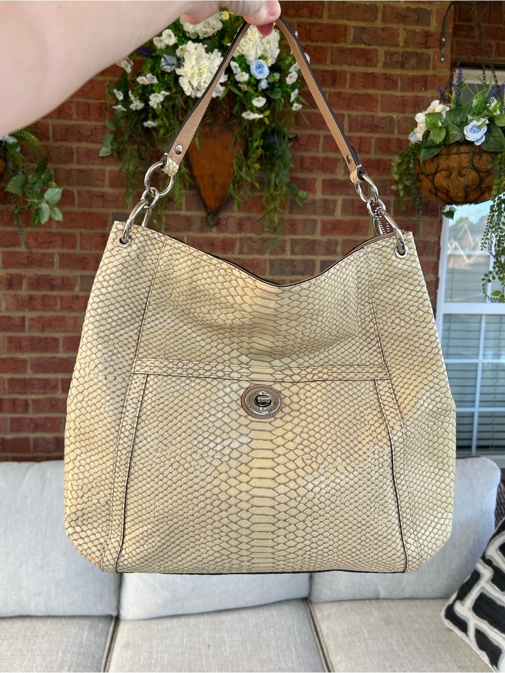 Coach Cream Snake-Print Cow Leather Shoulder Hobo